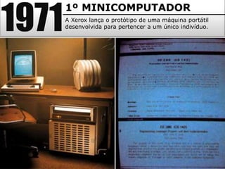 1971
1º MINICOMPUTADOR
A Xerox lança o protótipo de uma máquina portátil
desenvolvida para pertencer a um único indivíduo.
 