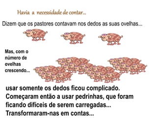 Havia a necessidade de contar...
Dizem que os pastores contavam nos dedos as suas ovelhas...
usar somente os dedos ficou complicado.
Começaram então a usar pedrinhas, que foram
ficando difíceis de serem carregadas...
Transformaram-nas em contas...
Mas, com o
número de
ovelhas
crescendo...
 