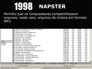 1998 NAPSTER
Permitiu que os computadores compartilhassem
arquivos, neste caso, arquivos de música em formato
MP3.
 