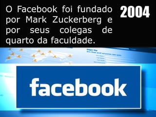 2004O Facebook foi fundado
por Mark Zuckerberg e
por seus colegas de
quarto da faculdade.
 