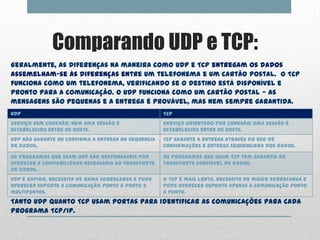 Comparando UDP e TCP:
Geralmente, as diferenças na maneira como UDP e TCP entregam os dados
assemelham-se às diferenças entre um telefonema e um cartão postal. O TCP
funciona como um telefonema, verificando se o destino está disponível e
pronto para a comunicação. O UDP funciona como um cartão postal — as
mensagens são pequenas e a entrega é provável, mas nem sempre garantida.
UDP                                                  TCP
Serviço sem conexão; nem uma sessão é                Serviço orientado por conexão; uma sessão é
estabelecida entre os hosts.                         estabelecida entre os hosts.
UDP não garante ou confirma a entrega ou sequencia   TCP garante a entrega através do uso de
de dados,                                            confirmações e entrega sequenciada dos dados.

Os programas que usam UDP são responsáveis por       Os programas que usam TCP tem garantia de
oferecer a confiabilidade necessária ao transporte   transporte confiável de dados.
de dados.
UDP é rápido, necessita de baixa sobrecarga e pode   O TCP é mais lento, necessita de maior sobrecarga e
oferecer suporte a comunicação ponto a ponto e       pode oferecer suporte apenas à comunicação ponto
multipontos.                                         a ponto.
Tanto UDP quanto TCP usam portas para identificar as comunicações para cada
programa TCP/IP.
 