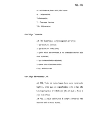 138 / 225
________
III - Documentos públicos ou particulares;
IV - Testemunhas;
V - Presunção;
VI - Exames e vistorias;
VII – Arbitramento.
Do Código Comercial:
Art. 122. Os contratos comerciais podem provar-se:
1 - por escrituras públicas;
2 - por escrituras particulares;
3 - pelas notas de corretores, e por certidões extraídas dos
seus protocolos;
4 - por correspondência epistolar;
5 - pelos livros dos comerciantes;
6 - por testemunhas.
Do Código de Processo Civil:
Art. 332. Todos os meios legais, bem como moralmente
legítimos, ainda que não especificados neste código, são
hábeis para provar a verdade dos fatos em que se funda a
ação ou a defesa.
Art. 400. A prova testemunhal é sempre admissível, não
dispondo a lei de modo diverso.
 