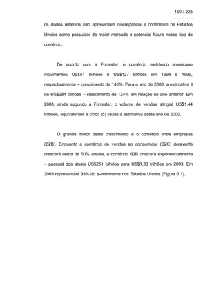 160 / 225
________
os dados relativos não apresentam discrepância e confirmam os Estados
Unidos como possuidor do maior mercado e potencial futuro nesse tipo de
comércio.
De acordo com a Forrester, o comércio eletrônico americano
movimentou US$51 bilhões e US$127 bilhões em 1998 e 1999,
respectivamente – crescimento de 140%. Para o ano de 2000, a estimativa é
de US$284 bilhões – crescimento de 124% em relação ao ano anterior. Em
2003, ainda segundo a Forrester, o volume de vendas atingirá US$1,44
trilhões, equivalentes a cinco (5) vezes a estimativa deste ano de 2000.
O grande motor deste crescimento é o comércio entre empresas
(B2B). Enquanto o comércio de vendas ao consumidor (B2C) doravante
crescerá cerca de 50% anuais, o comércio B2B crescerá exponencialmente
– passará dos atuais US$251 bilhões para US$1,33 trilhões em 2003. Em
2003 representará 93% do e-commerce nos Estados Unidos (Figura 6.1).
 