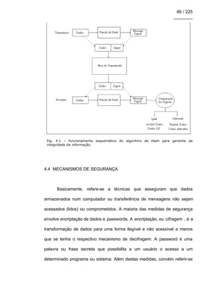 66 / 225
________
Fig. 4.1 – funcionamento esquemático do algoritmo de Hash para garantia da
integridade da informação.
4.4 MECANISMOS DE SEGURANÇA
Basicamente, refere-se a técnicas que asseguram que dados
armazenados num computador ou transferência de mensagens não sejam
acessados (lidos) ou comprometidos. A maioria das medidas de segurança
envolve encriptação de dados e passwords. A encriptação, ou cifragem , é a
transformação de dados para uma forma ilegível e não acessível a menos
que se tenha o respectivo mecanismo de decifragem. A password é uma
palavra ou frase secreta que possibilita a um usuário o acesso a um
determinado programa ou sistema. Além destas medidas, convém referir-se
 
