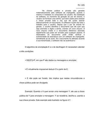 76 / 225
________
“As chaves pública e privada são geradas
matematicamente pelo software de criptografia, quando o
mesmo é instalado no computador do usuário. Na instalação
do software, no momento da geração do par de chaves, o
usuário vai fornecer uma senha, que será usada para acessar
a chave privada toda a vez que ele quiser assinar
eletronicamente um documento. O software é quem faz todo o
trabalho para o usuário. Depois que o par de chaves for
gerado, o usuário identifica o documento que ele quer que
seja assinado e digita a senha, criando um novo arquivo. O
novo arquivo criado é o documento eletrônico assinado
digitalmente que pode ser enviado para qualquer pessoa. O
destinatário do documento pode então verificar a
autenticidade da assinatura com um software de criptografia.
semelhante ao do autor. Se o documento foi alterado durante
a sua transmissão, o software não vai autenticá-lo.”
O algoritmo de encriptação E e o de decifragem D necessitam atender
a três condições:
• D(E(P))=P, em que P são dados ou mensagens a encriptar;
• É virtualmente impossível deduzir D a partir de E;
• E não pode ser furado. Isto implica que nestas circunstâncias a
chave pública pode ser divulgada.
Exemplo: Quando o X quer enviar uma mensagem Y, ele usa a chave
pública de Y para encriptar a mensagem. Y ao recebê-la, decifra-a, usando a
sua chave privada. Este exemplo está ilustrado na figura 4.7.
 