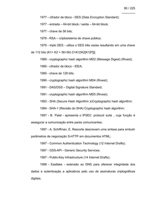 90 / 225
________
1977 - cifrador de bloco - DES (Data Encryption Standard);
1977 - entrada – 64-bit block / saída – 64-bit block;
1977 - chave de 56 bits;
1978 - RSA – criptosistema de chave pública;
1979 - triplo DES - utiliza o DES três vezes resultando em uma chave
de 112 bits (K1+ K2 = 56+56) C=K1[!K2[K1[P]]];
1989 - cryptographic hash algorithm MD2 (Message Digest) (Rivest);
1990 - cifrador de bloco - IDEA;
1990 - chave de 128 bits;
1990 - cryptographic hash algorithm MD4 (Rivest);
1991 - DAS/DSS – Digital Signature Standard;
1991 - cryptographic hash algorithm MD5 (Rivest);
1993 - SHA (Secure Hash Algorithm )cCryptographic hash algorithm;
1994 - SHA-1 (Revisão do SHA) Cryptographic hash algorithm;
1997 - B. Patel - apresenta o IPSEC protocol suite , cuja função é
assegurar a comunicação entre pares comunicantes;
1997 - A. Schiffman, E. Rescorla descrevem uma sintaxe para embutir
parâmetros de negociação S-HTTP em documentos HTML;
1997 - Common Authentication Technology (12 Internet Drafts);
1997 - GSS-API - Generic Security Services;
1997 - Public-Key Infrastructure (14 Internet Drafts);
1998 - Eastlake - extensão ao DNS para oferecer integridade dos
dados e autenticação a aplicativos pelo uso de assinaturas criptográficas
digitais;
 
