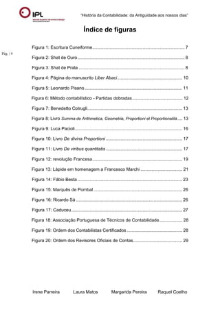 “História da Contabilidade: da Antiguidade aos nossos dias”
Irene Parreira Laura Matos Margarida Pereira Raquel Coelho
Pág. | 4
Índice de figuras
Figura 1: Escritura Cuneiforme........................................................................... 7
Figura 2: Shat de Ouro....................................................................................... 8
Figura 3: Shat de Prata ...................................................................................... 8
Figura 4: Página do manuscrito Liber Abaci..................................................... 10
Figura 5: Leonardo Pisano ............................................................................... 11
Figura 6: Método contabilístico - Partidas dobradas......................................... 12
Figura 7: Benedetto Cotrugli............................................................................. 13
Figura 8: Livro Summa de Arithmetica, Geometria, Proportioni et Proportionalitá.... 13
Figura 9: Luca Pacioli....................................................................................... 16
Figura 10: Livro De divina Proportioni .............................................................. 17
Figura 11: Livro De viribus quantitatis .............................................................. 17
Figura 12: revolução Francesa......................................................................... 19
Figura 13: Lápide em homenagem a Francesco Marchi .................................. 21
Figura 14: Fábio Besta ..................................................................................... 23
Figura 15: Marquês de Pombal ........................................................................ 26
Figura 16: Ricardo Sá ...................................................................................... 26
Figura 17: Caduceu.......................................................................................... 27
Figura 18: Associação Portuguesa de Técnicos de Contabilidade................... 28
Figura 19: Ordem dos Contabilistas Certificados ............................................. 28
Figura 20: Ordem dos Revisores Oficiais de Contas........................................ 29
 