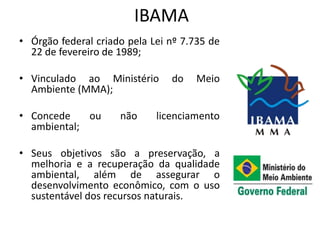 IBAMA
• Órgão federal criado pela Lei nº 7.735 de
22 de fevereiro de 1989;
• Vinculado ao Ministério do Meio
Ambiente (MMA);
• Concede ou não licenciamento
ambiental;
• Seus objetivos são a preservação, a
melhoria e a recuperação da qualidade
ambiental, além de assegurar o
desenvolvimento econômico, com o uso
sustentável dos recursos naturais.
 