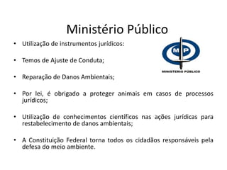 Ministério Público
• Utilização de instrumentos jurídicos:
• Temos de Ajuste de Conduta;
• Reparação de Danos Ambientais;
• Por lei, é obrigado a proteger animais em casos de processos
jurídicos;
• Utilização de conhecimentos científicos nas ações jurídicas para
restabelecimento de danos ambientais;
• A Constituição Federal torna todos os cidadãos responsáveis pela
defesa do meio ambiente.
 