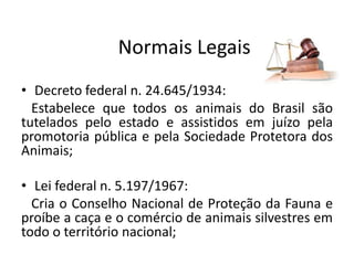 Normais Legais
• Decreto federal n. 24.645/1934:
Estabelece que todos os animais do Brasil são
tutelados pelo estado e assistidos em juízo pela
promotoria pública e pela Sociedade Protetora dos
Animais;
• Lei federal n. 5.197/1967:
Cria o Conselho Nacional de Proteção da Fauna e
proíbe a caça e o comércio de animais silvestres em
todo o território nacional;
 