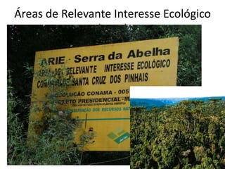 Áreas de Relevante Interesse Ecológico
(ARIE)
• Área pública ou privada pequena em extensão;
• Pouca ou nenhuma ocupação humana;
• Características naturais extraordinárias;
• Manter os ecossistemas naturais e regular o uso;
• Pode haver restrições no uso das propriedades
privadas;
 