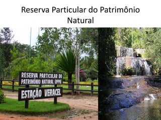 Reserva Particular do Patrimônio
Natural
• Área privada;
• O seu objetivo é conservar a diversidade biológica;
• Termo de compromisso assinado perante o órgão e
averbado no Registro Público de Imóveis;
• Pesquisa científica e visitação serão permitidas se
dispuser de regulamento.
 