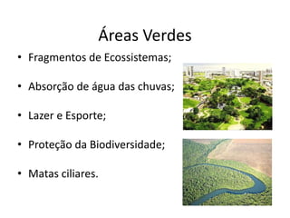 Áreas Verdes
• Fragmentos de Ecossistemas;
• Absorção de água das chuvas;
• Lazer e Esporte;
• Proteção da Biodiversidade;
• Matas ciliares.
 