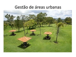 Gestão de áreas urbanas
• Segurança dos visitantes;
• Limpeza das áreas;
• Maciços florestais, bosques, gramados e flores
são sempre visto com bons olhos, porém
devem ter cuidados constantes.
 