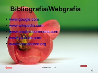 Bibliografia/Webgrafia www.google.com www.wikipedia.com www.creativecommons.com www.youtube.com www.opensource.org 