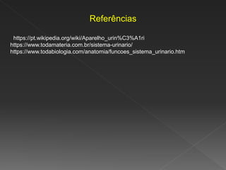 Referências
https://pt.wikipedia.org/wiki/Aparelho_urin%C3%A1ri
https://www.todamateria.com.br/sistema-urinario/
https://www.todabiologia.com/anatomia/funcoes_sistema_urinario.htm
 