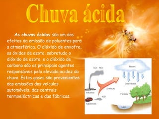 As chuvas ácidas  são um dos efeitos da emissão de poluentes para a atmosférica. O dióxido de enxofre, os óxidos de azoto, sobretudo o dióxido de azoto, e o dióxido de carbono são os principais agentes responsáveis pela elevada acidez da chuva. Estes gases são provenientes das emissões dos veículos automóveis, das centrais termoeléctricas e das fábricas. Chuva ácida 