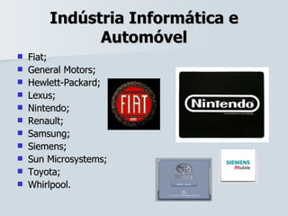 Indústria Informática e Automóvel Fiat; General Motors; Hewlett-Packard; Lexus; Nintendo; Renault; Samsung; Siemens; Sun Microsystems; Toyota; Whirlpool. 