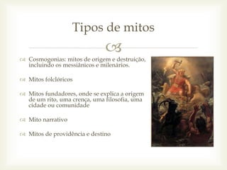 
 Cosmogonias: mitos de origem e destruição,
incluindo os messiânicos e milenários.
 Mitos folclóricos
 Mitos fundadores, onde se explica a origem
de um rito, uma crença, uma filosofia, uma
cidade ou comunidade
 Mito narrativo
 Mitos de providência e destino
Tipos de mitos
 