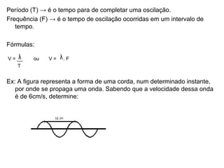 Período (T) -> é o tempo para de completar uma oscilação. Frequência (F) -> é o tempo de oscilação ocorridas em um intervalo de tempo. Fórmulas: V = __  ou  V =  . F T Ex: A figura representa a forma de uma corda, num determinado instante, por onde se propaga uma onda. Sabendo que a velocidade dessa onda é de 6cm/s, determine: 