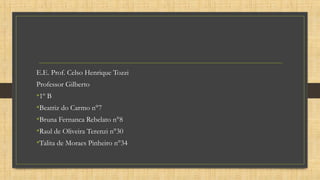 E.E. Prof. Celso Henrique Tozzi
Professor Gilberto
•1º B
•Beatriz do Carmo n°7
•Bruna Fernanca Rebelato n°8
•Raul de Oliveira Terenzi n°30
•Talita de Moraes Pinheiro n°34
 