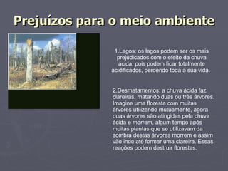 Prejuízos para o meio ambiente 1.Lagos: os lagos podem ser os mais prejudicados com o efeito da chuva ácida, pois podem ficar totalmente acidificados, perdendo toda a sua vida.  2.Desmatamentos: a chuva ácida faz clareiras, matando duas ou três árvores. Imagine uma floresta com muitas árvores utilizando mutuamente, agora duas árvores são atingidas pela chuva ácida e morrem, algum tempo após muitas plantas que se utilizavam da sombra destas árvores morrem e assim vão indo até formar uma clareira. Essas reações podem destruir florestas.  
