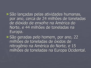 São lançadas pelas atividades humanas, por ano, cerca de 24 milhões de toneladas de dióxido de enxofre na América do Norte, e 44 milhões de toneladas na Europa. São geradas pelo homem, por ano, 22 milhões de toneladas de óxidos de nitrogênio na América do Norte, e 15 milhões de toneladas na Europa Ocidental. 