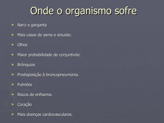 Onde o organismo sofre Nariz e garganta Mais casos de asma e sinusite. Olhos Maior probabilidade de conjuntivite. Brônquios Predisposição à broncopneumonia. Pulmões Riscos de enfisema. Coração Mais doenças cardiovasculares. 