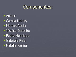 Componentes: Arthur Camila Matias Marcos Paulo Jéssica Cordeiro Pedro Henrique Gabriela Reis Natália Karine 
