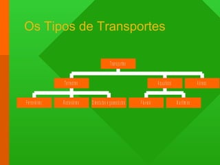 Os Tipos de Transportes
F e rro viá rio s R o d o viá rio s O le o d u to s e g a s e o d u to s
T e rre s tre s
F lu via is M a rítim o s
A q u á tic o s A é re o s
T ra n s p o rte s
 