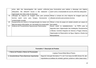 prima, além dos descarregados não usarem uniformes seus funcionários para realizar a descarga com higiene,
     adequados, não utilizarem toucas e não realizarem a assim como a necessidade de uso de uniformes adequados
     higienização das mãos antes da descarga
19   Utilização da máquina de moagem tanto para produtos Efetuar a compra de uma máquina de moagem para ser
     bovinos   assim   como   para   frangos,    favorecendo   a utilizada somente para produtos bovinos
     contaminação cruzada
20   Equipamentos de mistura e homogeneização da massa com Efetuar a troca de peças em estado precário por peças em
     algumas peças enferrujadas, em mal estado de conservação bom estado
21   Ausência de Procedimentos Operacionais Padronizados      Devem existir no estabelecimento             os POP's para os
                                                                  seguintes itens: Higienização das Instalações, Equipamentos
                                                                  e Móveis; Controle Integrado de Vetores e Pragas Urbanas;
                                                                  Higienização do Reservatório de Água; Higiene e Saúde dos
                                                                  Manipuladores




                                         Formulário 1: Descrição do Produto

 1. Nome do Produto e Nome do Processador
                                                                      Lingüiça Frescal Mista Marca Própria

2. Características Físico-Químicas importantes     Segundo Instrução Normativa nº 4, de 31 de março de 2000 (Anexo III), são
                                                   importantes as análises de umidade, gordura, proteína e cálcio (base seca).


                                                                                                                             57
 