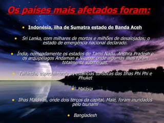 Os países mais afetados foram:   Indonésia, ilha de Sumatra estado de Banda Aceh Sri Lanka, com milhares de mortos e milhões de desalojados; o estado de emergência nacional declarado. Índia, nomeadamente os estados de Tamil Nadu, Andhra Pradesh e os arquipélagos Andaman e Nicobar onde algumas ilhas foram totalmente submersas. Tailândia, especialmente as estâncias turísticas das Ilhas Phi Phi e Phuket Malásia Ilhas Maldivas, onde dois terços da capital, Malé, foram inundados pelo tsunami Bangladesh 