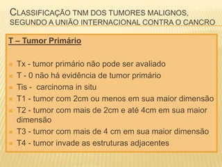 CLASSIFICAÇÃO TNM DOS TUMORES MALIGNOS,
SEGUNDO A UNIÃO INTERNACIONAL CONTRA O CANCRO

T – Tumor Primário









Tx - tumor primário não pode ser avaliado
T - 0 não há evidência de tumor primário
Tis - carcinoma in situ
T1 - tumor com 2cm ou menos em sua maior dimensão
T2 - tumor com mais de 2cm e até 4cm em sua maior
dimensão
T3 - tumor com mais de 4 cm em sua maior dimensão
T4 - tumor invade as estruturas adjacentes

 