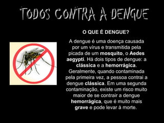 O QUE É DENGUE?
A dengue é uma doença causada
por um vírus e transmitida pela
picada de um mosquito, o Aedes
aegypti. Há dois tipos de dengue: a
clássica e a hemorrágica.
Geralmente, quando contaminada
pela primeira vez, a pessoa contrai a
dengue clássica. Em uma segunda
contaminação, existe um risco muito
maior de se contrair a dengue
hemorrágica, que é muito mais
grave e pode levar à morte.
 