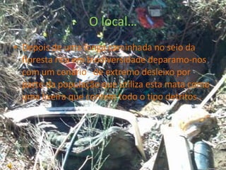 O local… Depois de uma longa caminhada no seio da floresta rica em biodiversidade deparamo-nos com um cenário  de extremo desleixo por parte da população que utiliza esta mata como uma lixeira que contem todo o tipo detritos . 