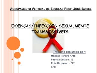 Agrupamento Vertical de Escolas Prof. José Buisel Doenças/infecções sexualmente transmissíveis  Trabalho realizado por: Mariana Pereira n.º16 Patrícia Dutra n.º19 Rute Maximino n.º22 9.ºC 