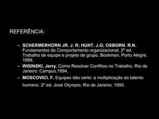 REFERÊNCIA: SCHERMERHORN JR. J. R; HUNT. J.G; OSBORN. R.N.  Fundamentos do Comportamento organizacional. 2º ed. Trabalho de equipe e projeto de grupo. Bookman, Porto Alegre; 1999.  WISINSKI, Jerry.  Como Resolver Conflitos no Trabalho. Rio de Janeiro: Campus,1994.  MOSCOVICI. F.  Equipes dão certo: a multiplicação do talento humano. 2º ed. José Olympio; Rio de Janeiro; 1995.   