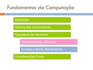 Fundamentos da Computação Introdução História dos computadores Arquitetura de Hardware Processamento, Memória Entrada e Saída, Barramentos Considerações Finais 