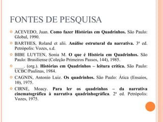 FONTES DE PESQUISA ACEVEDO, Juan.  Como fazer Histórias em Quadrinhos.  São Paulo: Global, 1990. BARTHES, Roland et alii.  Análise estrutural da narrativa.  3ª ed. Petrópolis: Vozes, s.d. BIBE LUYTEN, Sonia M.  O que é História em Quadrinhos.  São Paulo: Brasiliense (Coleção Primeiros Passos, 144), 1985. ____. (org.).  Histórias em Quadrinhos – leitura crítica.  São Paulo:   UCBC/Paulinas, 1984. CAGNIN, Antonio Luiz.  Os quadrinhos.  São Paulo: Ática (Ensaios, 10), 1975. CIRNE, Moacy.  Para ler os quadrinhos – da narrativa cinematográfica à narrativa quadrinhográfica . 2ª ed. Petrópolis: Vozes, 1975. 