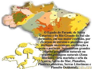 O Estado do Paraná, de Santa Catarina e do Rio Grande do Sul são formados, em sua maior extensão, por escarpas de estratos e planaltos que declinam suavemente em direção a oeste e noroeste. Apresentam grandes regiões geográficas naturais ou grandes paisagens naturais (Zona litorânea - orla marinha e orla da serra, Serra do Mar, Planaltos, Planícies costeiras, Serras Litorâneas e Planalto Ocidental). 