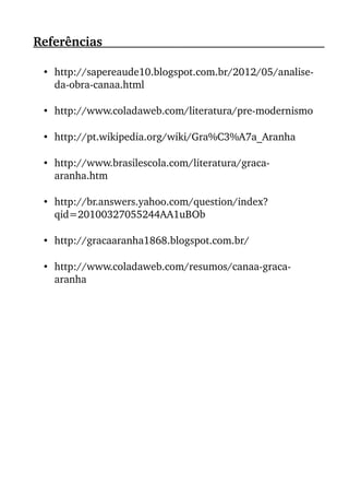 Referências                                                                                         
• http://sapereaude10.blogspot.com.br/2012/05/analise­
da­obra­canaa.html
• http://www.coladaweb.com/literatura/pre­modernismo
• http://pt.wikipedia.org/wiki/Gra%C3%A7a_Aranha
• http://www.brasilescola.com/literatura/graca­
aranha.htm
• http://br.answers.yahoo.com/question/index?
qid=20100327055244AA1uBOb
• http://gracaaranha1868.blogspot.com.br/
• http://www.coladaweb.com/resumos/canaa­graca­
aranha
 