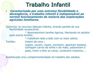 Trabalho Infantil Caracterizado por uma extrema flexibilidade e abrangência, o trabalho infantil é indispensável ao normal funcionamento da maioria das explorações agrícolas familiares. Optimizar os recursos laborais infantis, tirando partido da sua flexibilidade ocupacional: * desempenham tarefas ligeiras, libertando os adultos para outras tarefas; * trabalham lado a lado com os mais velhos. Tarefas:  tratam da casa ;  cegam, cavam, roçam, semeiam, apanham batatas,  carregam carros de lenha e de mato, pastoreiam o  gado, tiram o leite as vacas, conduzem tractores…. Substituição e/ou complementaridade do trabalho dos adultos. 