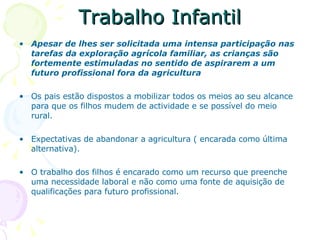 Trabalho Infantil Apesar de lhes ser solicitada uma intensa participação nas tarefas da exploração agrícola familiar, as crianças são fortemente estimuladas no sentido de aspirarem a um futuro profissional fora da agricultura Os pais estão dispostos a mobilizar todos os meios ao seu alcance para que os filhos mudem de actividade e se possível do meio rural. Expectativas de abandonar a agricultura ( encarada como última alternativa). O trabalho dos filhos é encarado como um recurso que preenche uma necessidade laboral e não como uma fonte de aquisição de qualificações para futuro profissional. 