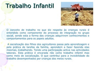 Trabalho Infantil O conceito de trabalho no que diz respeito às crianças rurais é entendido como componente do processo de integração no grupo social, sendo esta a forma das crianças adquirirem conhecimentos e comportamentos para os papeis adultos. A socialização dos filhos dos agricultores passa pela aprendizagem e pela prática de tarefas da família, aprendem a fazer fazendo elas mesmas, trabalhando. Tendo uma participação activa nas actividades laborais. Esta prática é encarada não como trabalho infantil mas como meio de socialização. O que contribui para a invisibilidade do trabalho desempenhados por crianças dos meios rurais. 
