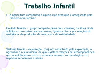 Trabalho Infantil A agricultura camponesa é aquela cuja produção é assegurada pela mão-de-obra familiar. Unidade familiar -  grupo composto pelos pais, casados, os filhos ainda solteiros e em certos casos aos avós, ligados entre si por relações de residência, de produção, de consumo e de solidariedade. Sistema família – exploração: conjunto constituído pela exploração, o agricultor e a sua família, no qual existem relações de interdependência que se estabelecem entre os recursos naturais, as tecnologias e os aspectos económicos e sócias  