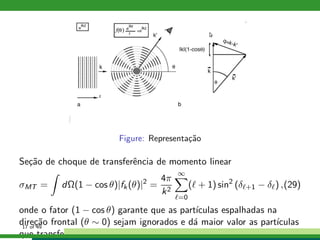 Figure: Representa¸c˜ao
Se¸c˜ao de choque de transferˆencia de momento linear
σMT = dΩ(1 − cos θ)|fk(θ)|2
=
4π
k2
∞
ℓ=0
(ℓ + 1) sin2
(δℓ+1 − δℓ) ,(29)
onde o fator (1 − cos θ) garante que as part´ıculas espalhadas na
dire¸c˜ao frontal (θ ∼ 0) sejam ignorados e d´a maior valor as part´ıculas
que transferem mais momento ao alvo, quando (θ ∼ π).
17 of 49
 