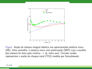 1 2 3 4 5 6 7 8 9 10 11 12
energia (eV)
0
10
20
30
40
seçãodechoque(10
-20
m
2
)
SEP
SE
experimental
Figure: Se¸c˜ao de choque integral el´astica nas aproxima¸c˜oes est´atico troca
(SE), linha vermelha, e est´atico troca com polariza¸c˜ao (SEP) cuja a escolha
dos orbitais foi feita pelo crit´erio ǫ < ∆, linha azul. C´ırculos verdes
representam a se¸c˜ao de choque total (TCS) medida por Szmytkowski.
47 of 49
 