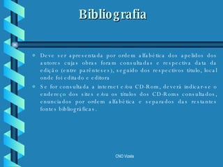 Bibliografia Deve ser apresentada por ordem alfabética dos apelidos dos autores cujas obras foram consultadas e respectiva data da edição (entre parênteses), seguido dos respectivos título, local onde foi editado e editora Se for consultada a internet e/ou CD-Rom, deverá indicar-se o endereço dos sites e/ou os títulos dos CD-Roms consultados, enunciados por ordem alfabética e separados das restantes fontes bibliográficas. 