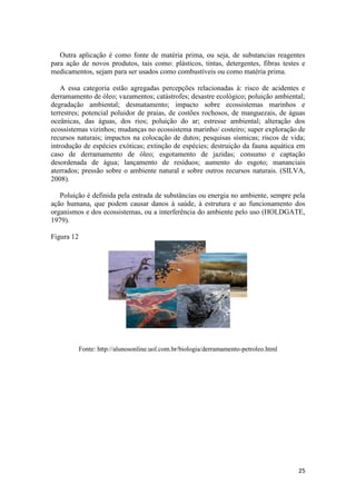 25
Outra aplicação é como fonte de matéria prima, ou seja, de substancias reagentes
para ação de novos produtos, tais como: plásticos, tintas, detergentes, fibras testes e
medicamentos, sejam para ser usados como combustíveis ou como matéria prima.
A essa categoria estão agregadas percepções relacionadas à: risco de acidentes e
derramamento de óleo; vazamentos; catástrofes; desastre ecológico; poluição ambiental;
degradação ambiental; desmatamento; impacto sobre ecossistemas marinhos e
terrestres; potencial poluidor de praias, de costões rochosos, de manguezais, de águas
oceânicas, das águas, dos rios; poluição do ar; estresse ambiental; alteração dos
ecossistemas vizinhos; mudanças no ecossistema marinho/ costeiro; super exploração de
recursos naturais; impactos na colocação de dutos; pesquisas sísmicas; riscos de vida;
introdução de espécies exóticas; extinção de espécies; destruição da fauna aquática em
caso de derramamento de óleo; esgotamento de jazidas; consumo e captação
desordenada de água; lançamento de resíduos; aumento do esgoto; mananciais
aterrados; pressão sobre o ambiente natural e sobre outros recursos naturais. (SILVA,
2008).
Poluição é definida pela entrada de substâncias ou energia no ambiente, sempre pela
ação humana, que podem causar danos à saúde, à estrutura e ao funcionamento dos
organismos e dos ecossistemas, ou a interferência do ambiente pelo uso (HOLDGATE,
1979).
Figura 12
Fonte: http://alunosonline.uol.com.br/biologia/derramamento-petroleo.html
 