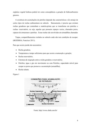 6
orgânica vegetal lenhosa poderá ter como conseqüência a geração de hidrocarbonetos
gasosos.
A existência de acumulações de petróleo depende das características e do arranjo de
certos tipos de rochas sedimentares no subsolo. Basicamente, é preciso que existam
rochas geradoras que contenham a matéria-prima que se transforma em petróleo e
rochas- reservatório, ou seja, aquelas que possuem espaços vazios, chamados poros,
capazes de armazenar o petróleo. Essas rochas são envolvidas em armadilhas chamadas
Trapas, compartilhamentos isolados no subsolo onde não tem condições de escapar.
(BEZERRA, Francisco 2011).
Para que ocorra jazida são necessários:
 Rocha geradora;
 Temperatura e tempo suficientes para que ocorra a maturação e geração;
 Rocha reservatório;
 Estrutura de migração entre a rocha geradora e reservatório;
 Petróleo, água e gás em movimento ou com Petróleo, capacidade móvel para
ocupar os poros que promova a acumulação (armadilha);
 Rocha selante.
Figura 1
Fonte: http://www.ebah.com.br/
 
